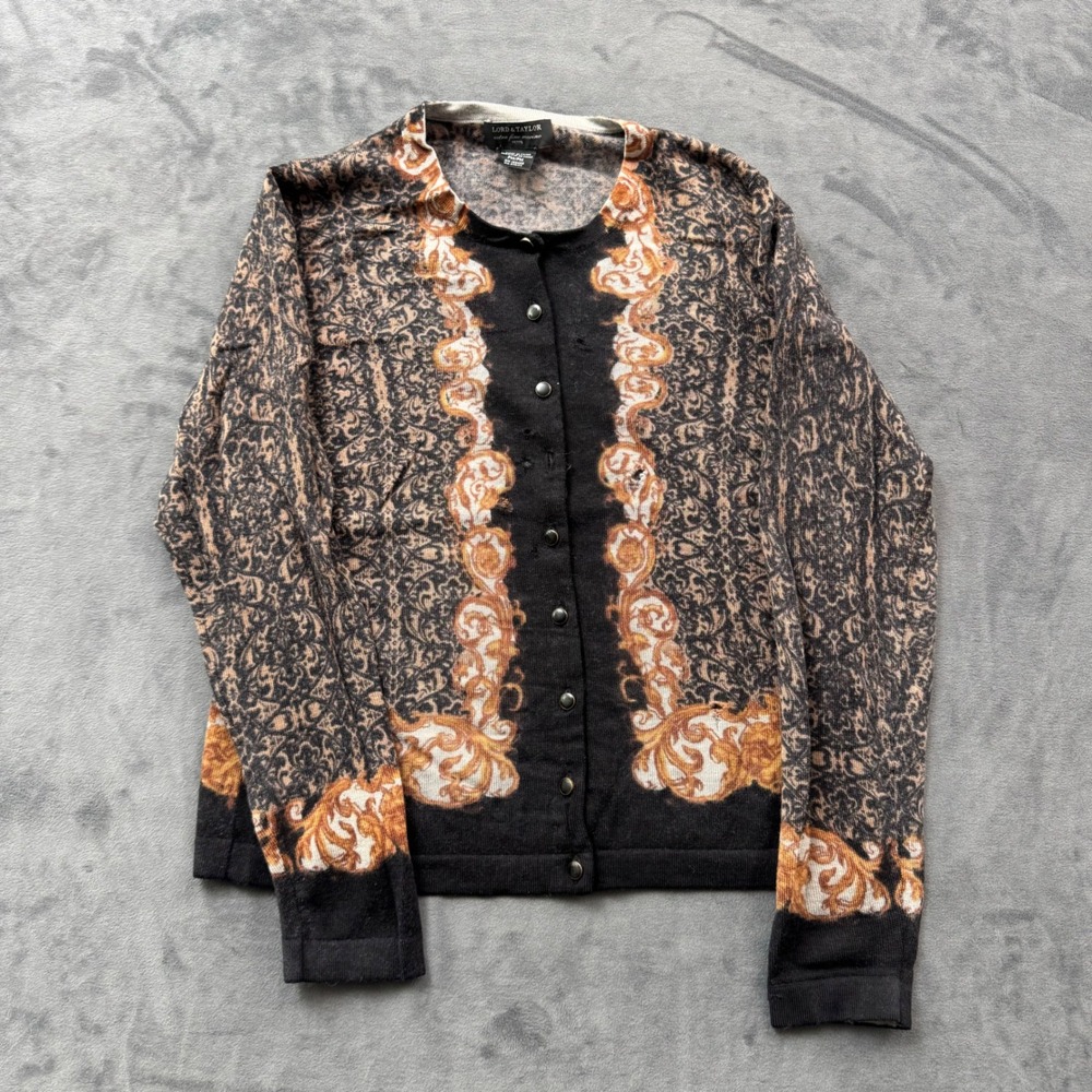 Lord & Taylor Extra Fine Merino Wool Cardigan Baroque Damask Black Gold PM